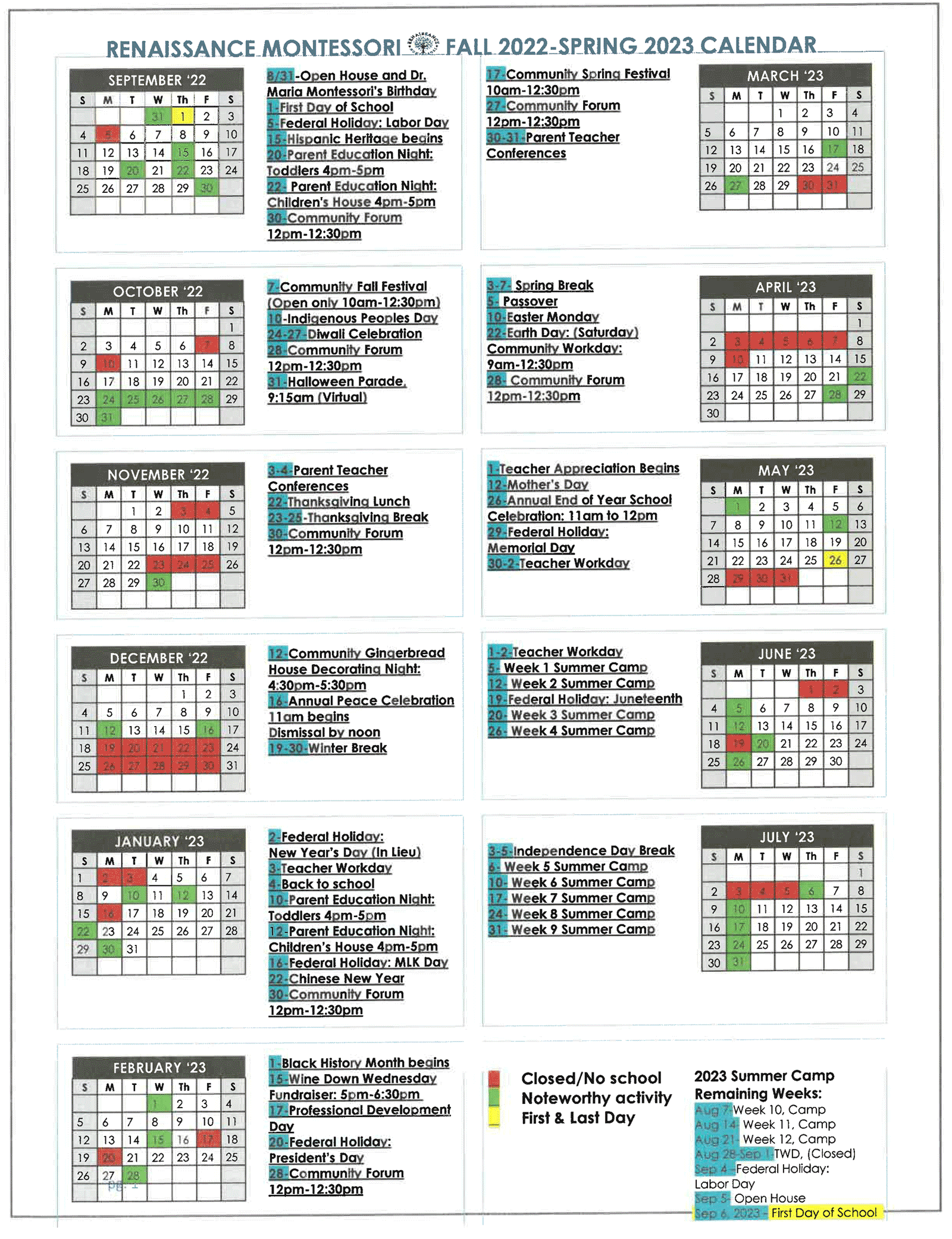 Uncg Summer 2023 Calendar Calendar | Renaissance Montessori